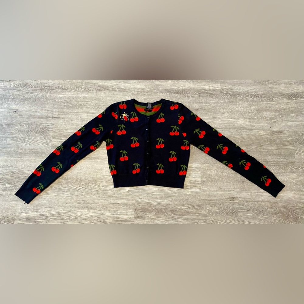 Black cardigan with cherry pattern